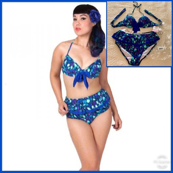 Tatyana Beach Bash Retro High-Waisted 2 Piece Swimsuit Ruffled Skirt Medium NWT - Picture 1 of 8